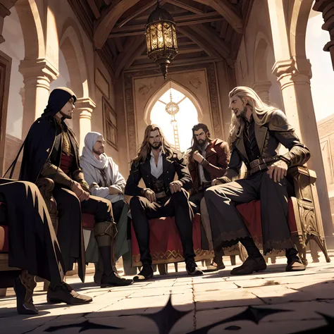 Castlevania Shadow Lord hyper realistic super detailed Dynamic group shot of lords discussion hyper realistic super detailed faces hyper realistic super detailed bodies hyper realistic super detailed Dynamic poses in moroccan islamic environment architectu...