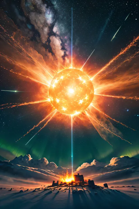 style1-fC,  large glowing portal, star (sky),  starry sky, fire, space, milky way, embers, shooting star, galaxy, sunset, night sky, explosion, sky, night, aurora, fireworks, light particles, burning, planet, twilight, flame, science fiction, starry backgr...