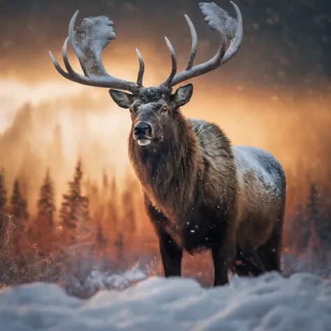 A Photograph capturing the enigmatic beauty of an ijiraq, embodying the spirit of the Arctic wilderness. The national geographic-inspired frame showcases the mystical creature, its human head framed by antlers, fiery red eyes piercing through the mist. War...