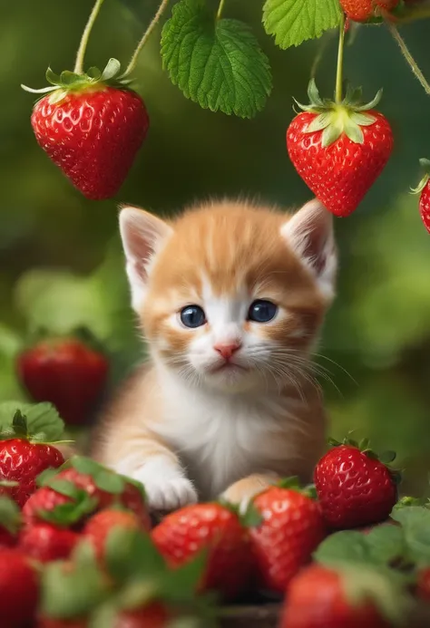 cute kittens、Unrealistically small and about the size of a little finger、Being on strawberries、masuter piece、a picture