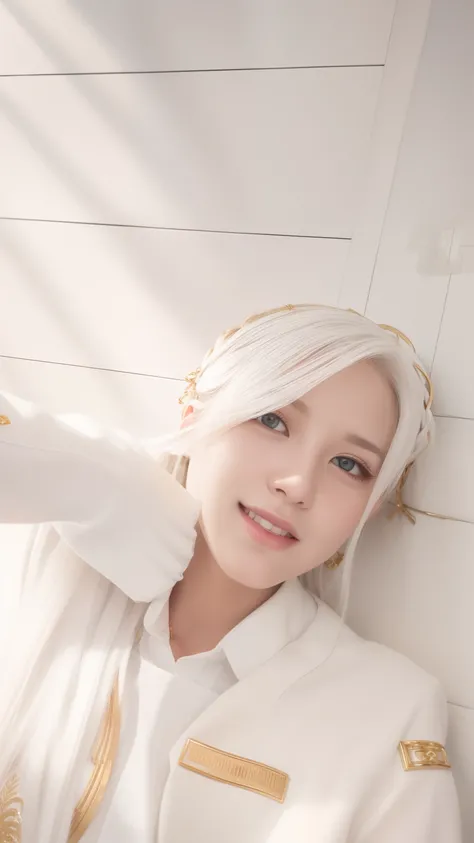 best quality, masterpiece,white hair, gold eyes,white clothes, looking up, upper body,hair strand,Fair skin,side braids