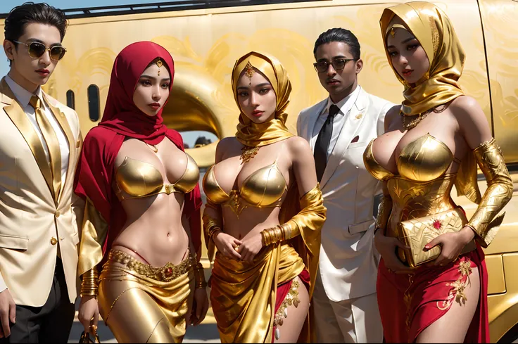 araffes in gold and red are posing for a picture, exotic costumes, gold bodypaint, band of gold round his breasts, draped in shiny golden oil, gold suit, gold body, mia khalifa, inspired by Hedi Xandt, golden bodypaint, golden robes, masterpiece work of ar...