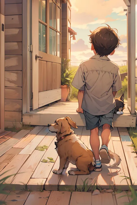 a little boy and his lovely dog sitting on a porch, looking at the horizon