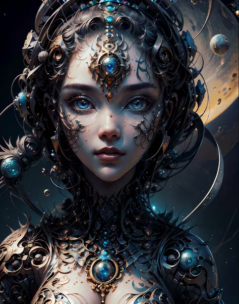 (best quality，ultra - detailed，Most Best Illustration，Best shadow，masterpiece，A high resolution，professional artwork，famous artwork），Eyes focus, Star sparkle particle around, Detailed eyes，beautiful eyes，closeup cleavage，sci-fi，colored sclera，Robot eyes，fa...