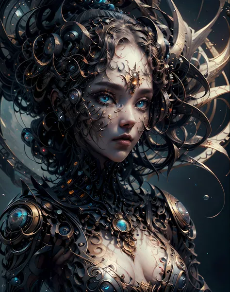 (best quality，ultra - detailed，Most Best Illustration，Best shadow，masterpiece，A high resolution，professional artwork，famous artwork），Eyes focus, Star sparkle particle around, Detailed eyes，beautiful eyes，closeup cleavage，sci-fi，colored sclera，Robot eyes，fa...