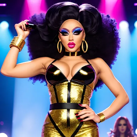 A sexy stunning drag queen who slays every lipsyncs, her look must be gold, the wig is black with a gold squeeze, the mug must be AMAZING however the jewels must be underwhelming