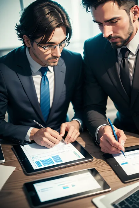 Two businessmen sitting at table, using digital tablet and laptop co-working at modern office, close up. Business colleagues working together, having a discussion on a project, photorealistic, RGB