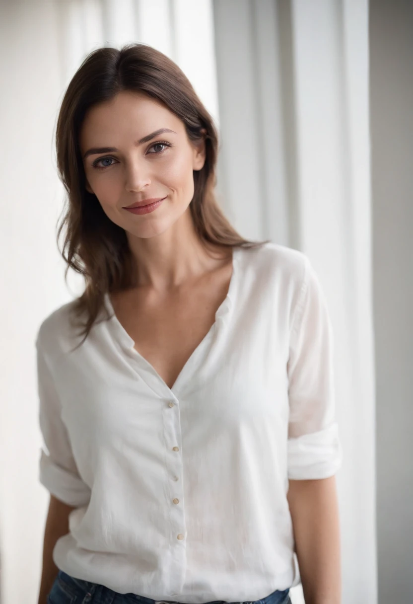 Beautiful 40-year-old brunette woman, with white shirt inside a room, vista lejana, camiseta blanca, vista lejana, streetwear casual, manga corta, mirando directamente a la foto, sonriente