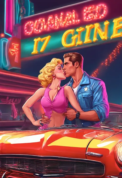 The background is a Broadway neon stage，Monroe girl kisses American soldier，Dreamy，Vintage cars