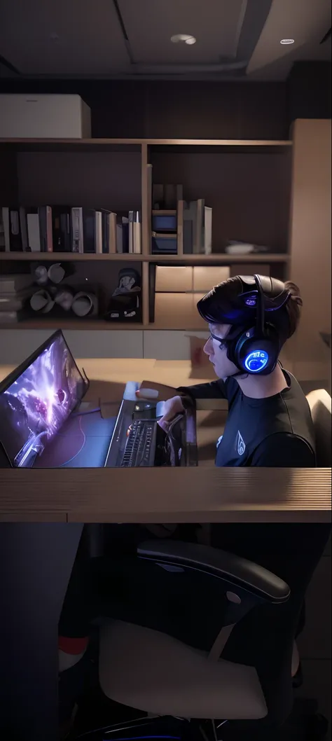 there is a man sitting at a desk with a laptop computer, gaming, dota, playing games, led gaming, artistic pose, pc gaming, hero from dota 2, profile picture 1024px, twitch streamer / gamer ludwig, inspired by Yi Insang, playing computer games, dota 2 hero...