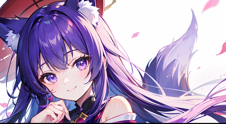 loneliness girl,Looking at the camera and smiling,Very cute,Fox ears,Smile,Long hair,Japanese,Purple,Face and shoulders close-up