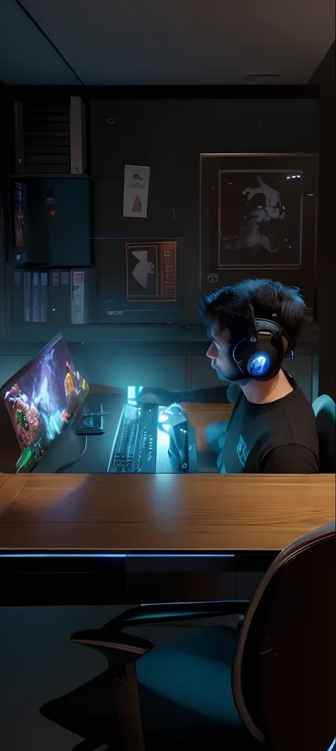 there is a man sitting at a desk with a laptop computer, gaming, dota, playing games, led gaming, artistic pose, pc gaming, hero from dota 2, profile picture 1024px, twitch streamer / gamer ludwig, inspired by Yi Insang, playing computer games, dota 2 hero...