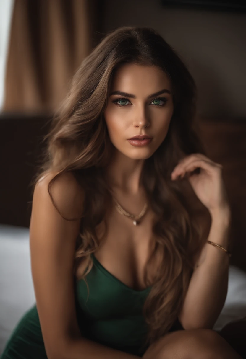 Arafed woman with white tank top and necklace, Sexy girl with green eyes, portrait sophie mudd, aufgenommen mit Sony A7 III, brown hair and big eyes, Selfie einer jungen Frau, Augen im Schlafzimmer, Violet Myers, ohne Make-up, Natural makeup, Blick direkt ...