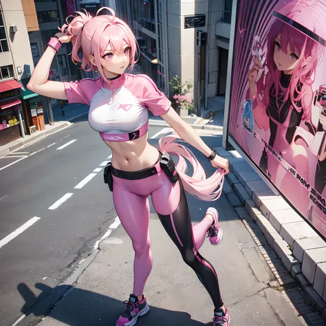 A woman, ((pink hair)), pink eyes, athletic, leggings, adult body, short straight hair, in town