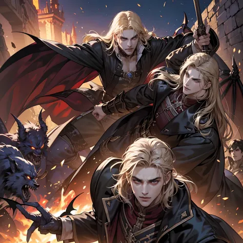 Castlevania Shadow Lord handsome muscular Lord Dracula leading troops armed with demons to war hyper realistic super detailed Dynamic pose super detailed faces hyper realistic super detailed