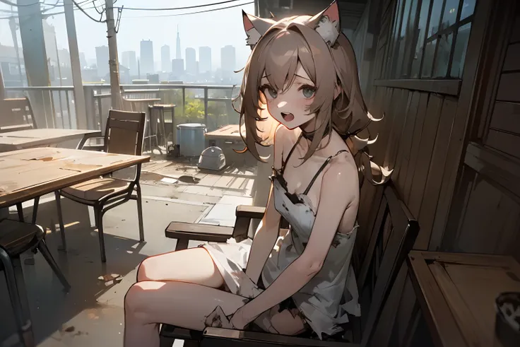 ((masuter piece)), in 8K, cinematic lighting, portlate、(Very unkempt hair, Sit on a restaurant bench、2 trays), (exposed breast, Heavily battered and torn dirty white camisole, Slender small breasts, Big open mouth、) Slum cityscape, Textured skin, Cat ears,...