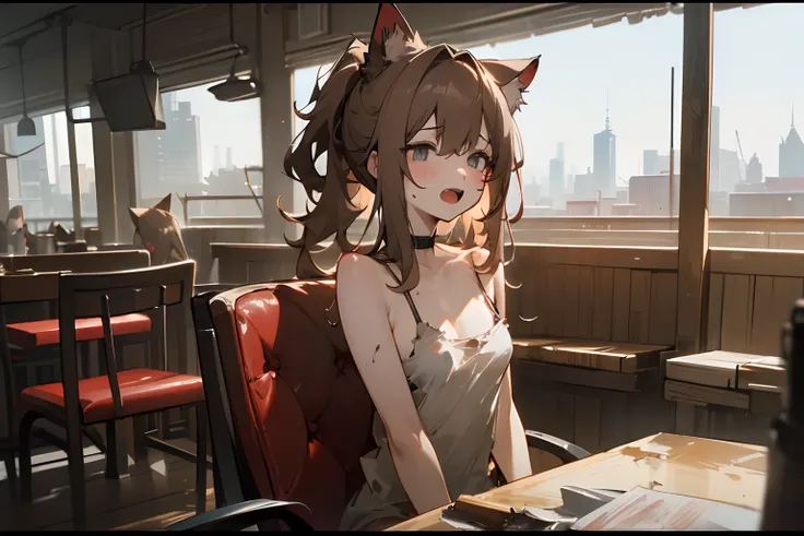 ((masuter piece)), in 8K, cinematic lighting, portlate、(Very unkempt hair, Sit on a red chair in a restaurant), (exposed breast, Heavily battered and torn dirty white camisole, Slender small breasts, Big open mouth、) Slum cityscape, Textured skin, Cat ears...