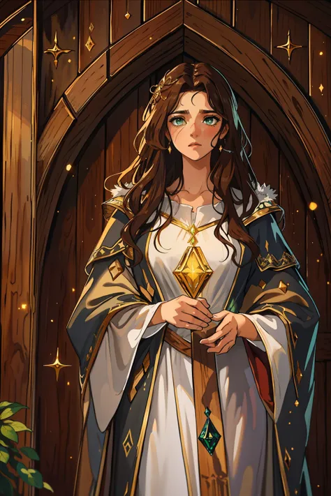 A beautiful sexy woman with green eyes and brown hair is a sorceress Wizard dressed in white and gold robes A princess of magic and a sad look. A background with a dramatic wooden wall An art for an RPG A medieval art for an RPG (melhor qualidade)