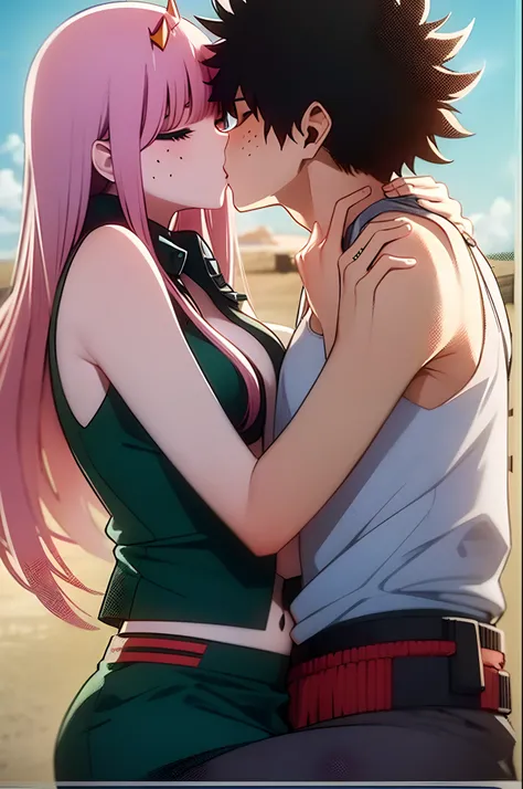 zero two, 1girl, zero two naked_shirt,vest_print:, izuku from bnha, izuku and zero two being a lovey dovey couple very affective in a beach, izuku with pants and pullover, love , happy, ,1girl,, ,sitting, standing, french kiss, kissing, 1boy, couple, husba...