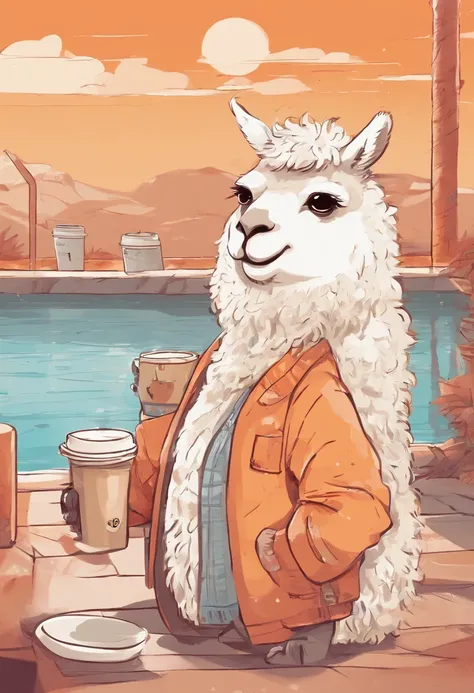 cartoon, alpaca wearing stylish outfit, holding coffee while bathing, pastel colour, orange background, water