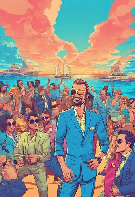 Blue sea background，There are rich people partying on yachts