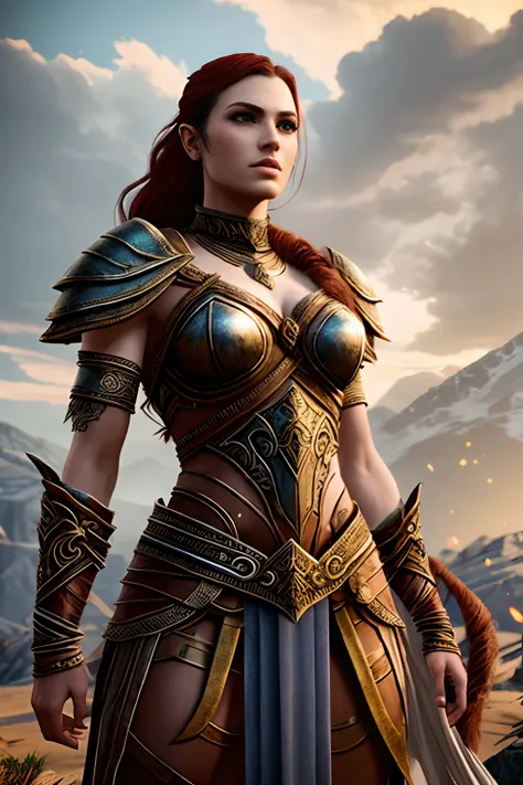 The wife of the God of War, draped in armor forged from celestial metal, exuding fierce elegance.