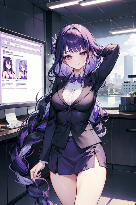 1 girl, cute, seductive smile, office suit, long braided hair, purple hair, expressive eyes, perfect eyes, perfect face happy, looking at viewer, city background, simple background, masterpiece, better quality, 8k ray tracing