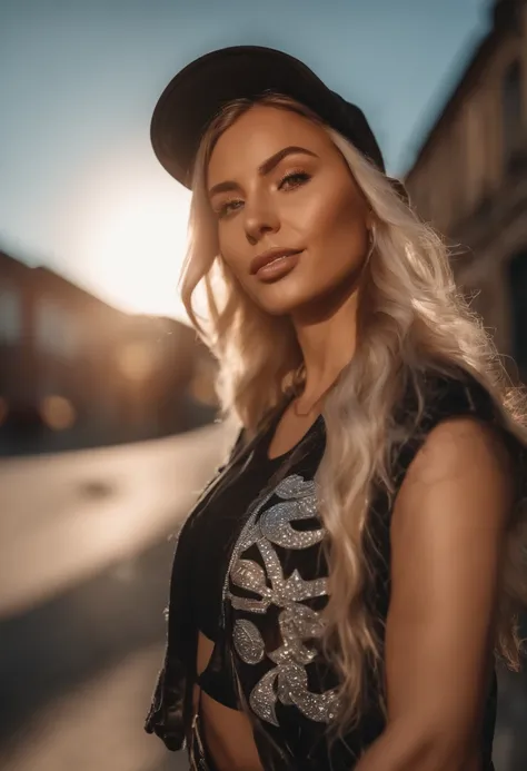 (front focus), (in the sun:1.6), Hyper-realistic portrait of a female hip-hop influencer, 25 bis 30 Jahre alt, Sommer-Vibes, Urban Style, sonnenverwöhnter Teint, poster, Frontalansicht, Portrait, dynamisches Licht, Streetwear, Graffiti-Hintergrund, detaile...