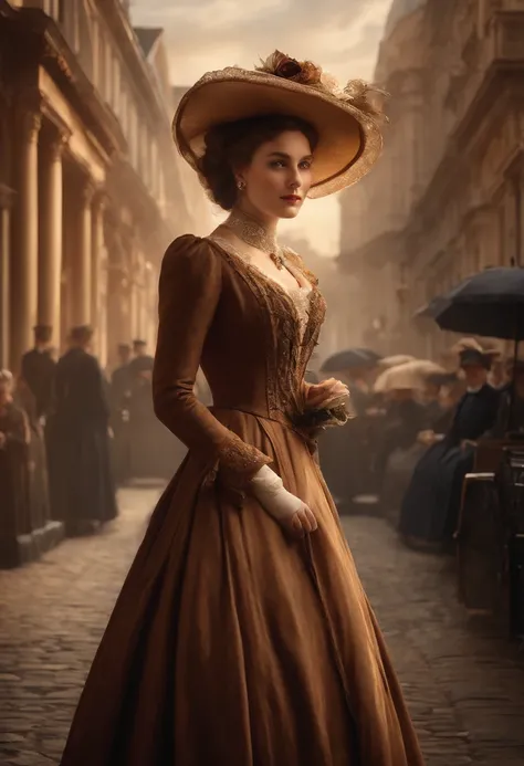 Produce a high-quality, ultra-detailed image reminiscent of a Victorian-era masterpiece. In this scene, depict a beautifully dressed woman from the 1900s, surrounded by the ambiance of a Victorian city. Emphasize the use of volumetric lighting that breaks ...