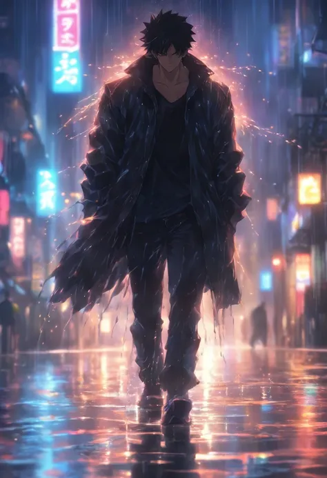 A man walking on a rainy day, ray tracing, wet black clothes, gloomy dark lighting, high-quality, ultra-detailed, realistic, dark portraits, HDR, intense colors, wet streets, reflections of lights in puddles, cinematic atmosphere.