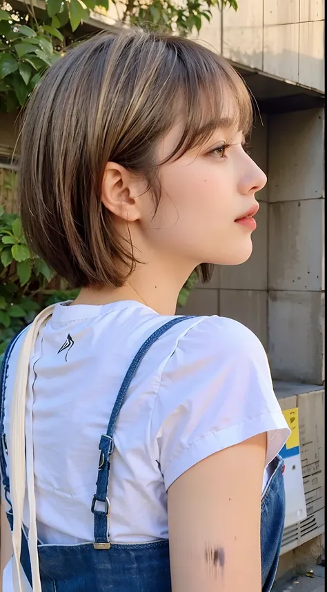 araffe with a white shirt and blue overalls is looking at a building, with short hair, white hime cut hairstyle, the hime cut, chiho, sakimichan, short hair, with a bob cut, soft hair, sideview, neat hair with bangs, short straight hair, with short hair wi...