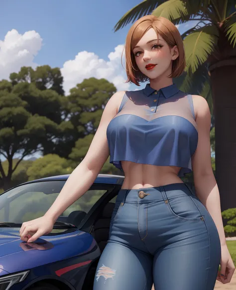 Girl, smile, red lips, big nose, big tits, short hair, fair skin, sexy body, blue clothes colors, blue pants colors, beautiful girl, in outdoor, sexy pose, eleganr pose, realistic