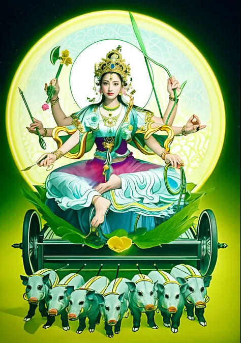 Beautiful woman sitting on a lotus in the car, Three-headed，In total, The arm has eight mudras，Barefoot on both feet，There are seven piglets pulling carts in front，goddess of love and peace, indian goddess of wealth, Heavenly Bodhisattva, full-colour illus...