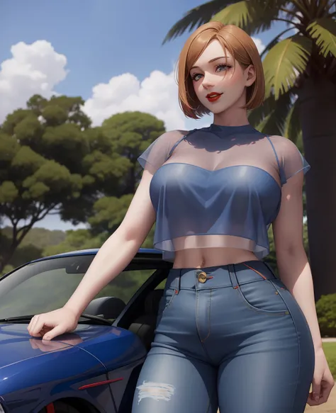 Girl, smile, red lips, big nose, big tits, short hair, fair skin, sexy body, blue clothes colors, blue pants colors, beautiful girl, in outdoor, sexy pose, eleganr pose, realistic