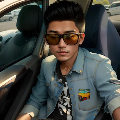 Burmese man in a denim jacket and sunglasses sitting in a car, with sunglass, looking heckin cool and stylish, john jude palencar, Justin Bieber style, wearing shades, with sunglasses, !!wearing modern glasses!!, ramil sunga, by :5 sexy: 7,  Steve Roger st...