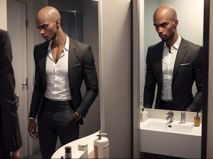 8K realistic image of a 25 year old black man, very thin, bald, dressed in a black blazer and a white blouse underneath, scared and sweaty face, standing in front of a mirror in a simple restroom, night scene