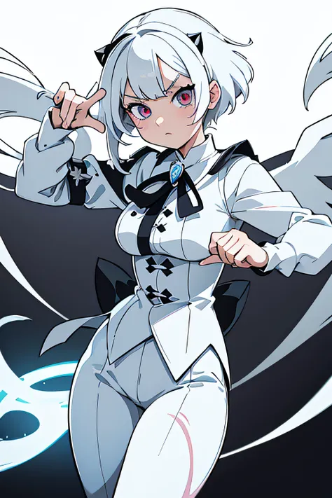 Anime girl with white hair and white pants posing for pictures, Villain move., White-Haired Angel, Evil moves., Scary gestures., Cel - Shading Art Style, Neferpitu, Vector shading anime, white cat girl, 2b, 2b, R / art, Evil Aura, R /art, R/art, Badass Por...