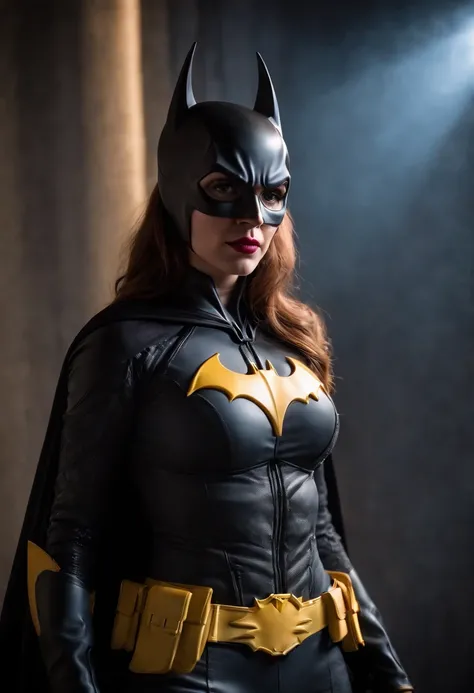 A stunning woman in a meticulously crafted Batgirl cosplay, posing dramatically under a spotlight.