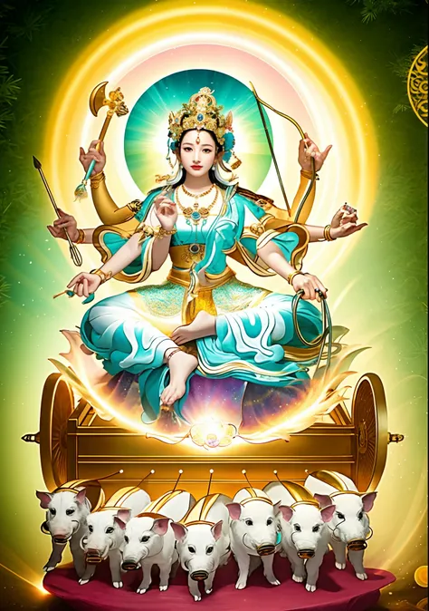 Beautiful woman sitting on a lotus in the car, Three-headed，In total, The arm has eight mudras，Barefoot on both feet，There are seven piglets pulling carts in front，goddess of love and peace, indian goddess of wealth, Heavenly Bodhisattva, full-colour illus...