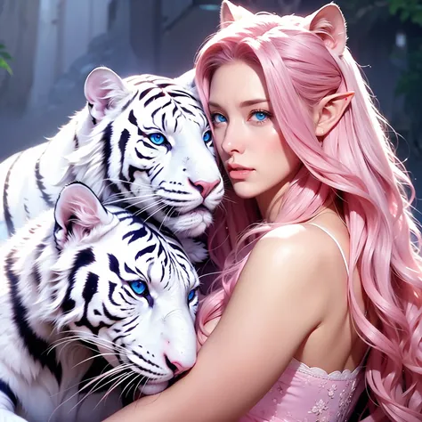 A white tiger near the woman, a woman, long curly hair, pink hair, blue eyes, elf