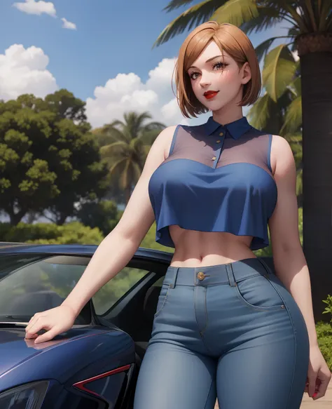 Girl, smile, red lips, big nose, big tits, short hair, fair skin, sexy body, blue clothes colors, blue pants colors, beautiful girl, in outdoor, sexy pose, eleganr pose, realistic