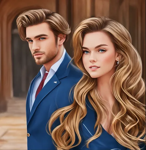 A brown-haired man in a blue suit and a blonde-haired woman in a red long dress, hyper-realistic, blonde hair, tan skin --auto --s2