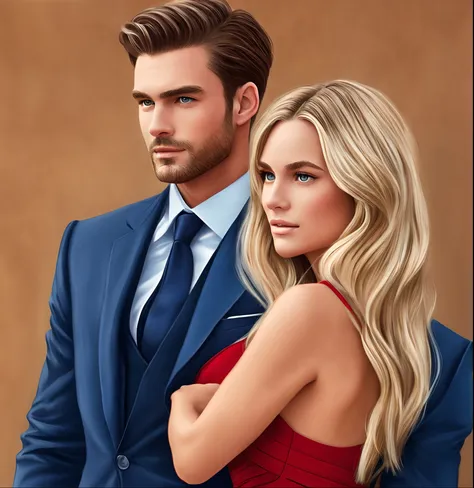 A brown-haired man in a blue suit and a blonde-haired woman in a red long dress, hyper-realistic, blonde hair, tan skin --auto --s2