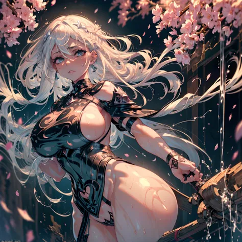 The most beautiful and sexy nude gothic warrior princess, white hair, blue eyes, wearing highly detailed black battle armor, tons of tattoos and piercings, huge gigantic tits exposed, dripping wet and sweaty body, cherry blossoms blowing in the wind, highl...