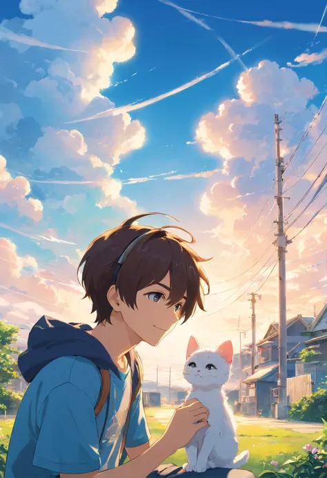 1 man looking at a kitten white，Boys with headphones，ssmile，The background is blue sky and white clouds  , what house  , Waring  Black T-shirt with one piece anime logo