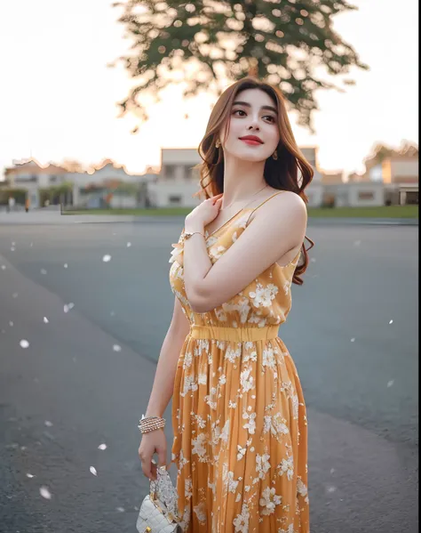 araffe woman in a yellow dress holding a white purse, stylish pose, stylish, beautiful image, profile pic, beautiful pose, maya ali, cute beautiful, high quality image, actress, long dress, with lovely look, candid picture, very very low quality picture, m...