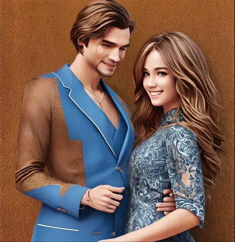 A brown-haired man in a blue suit and a blonde-haired woman in a red long dress, hyper-realistic, blonde hair, tan skin --auto --s2