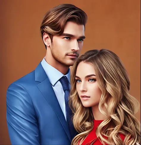 A brown-haired man in a blue suit and a blonde-haired woman in a red long dress, hyper-realistic, blonde hair, tan skin --auto --s2