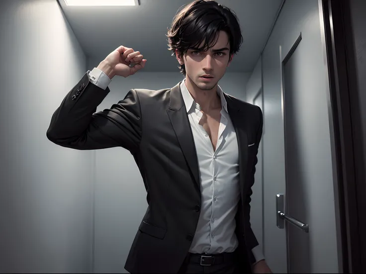 Realistic 8K solo image of a 25 year old man, short black hair, dressed in a black blazer and a white blouse underneath, inside a restroom booth, scared expression, night scene