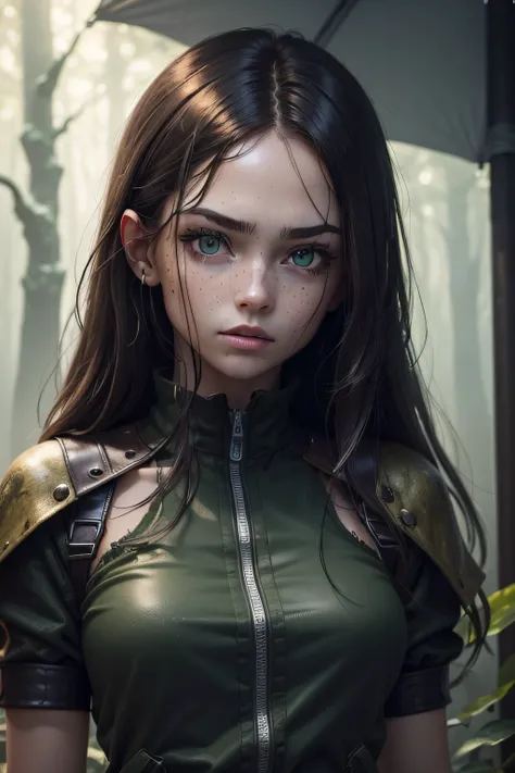 ((Best quality, 8k, Masterpiece :1.3)), 1girl, serious face, upper body and face, slim face, Pretty woman, freckles on face, zoomed in, freckles on body, green hazel eyes, green eyes, (Dark brown medium length hair), wearing an apocalyptic clothing, torn c...